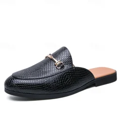 Men's Brown Snake Pattern Loafers – Slip-On Faux Leather Mules with Metal Buckle for Casual and Formal Wear