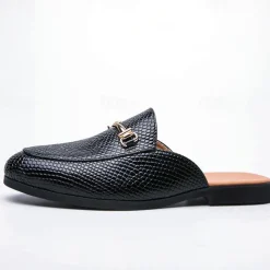 Men's Brown Snake Pattern Loafers – Slip-On Faux Leather Mules with Metal Buckle for Casual and Formal Wear