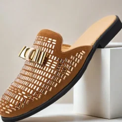 Men's Brown Suede Slip-On Mules with Metallic Gold Studded Design and Bow Accent – Stylish Casual Loafers for Everyday Wear and Special Occasions