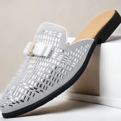 Men's Brown Suede Slip-On Mules with Metallic Gold Studded Design and Bow Accent – Stylish Casual Loafers for Everyday Wear and Special Occasions