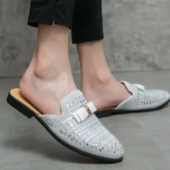 Men's Brown Suede Slip-On Mules with Metallic Gold Studded Design and Bow Accent – Stylish Casual Loafers for Everyday Wear and Special Occasions