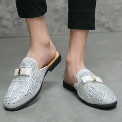 Men's Brown Suede Slip-On Mules with Metallic Gold Studded Design and Bow Accent – Stylish Casual Loafers for Everyday Wear and Special Occasions