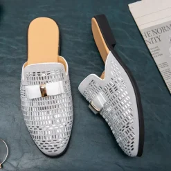 Men's Brown Suede Slip-On Mules with Metallic Gold Studded Design and Bow Accent – Stylish Casual Loafers for Everyday Wear and Special Occasions