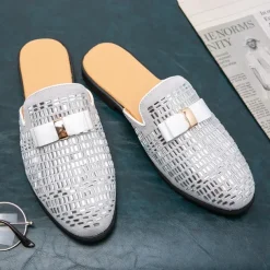 Men's Brown Suede Slip-On Mules with Metallic Gold Studded Design and Bow Accent – Stylish Casual Loafers for Everyday Wear and Special Occasions