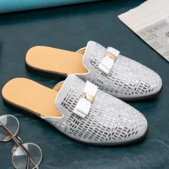 Men's Brown Suede Slip-On Mules with Metallic Gold Studded Design and Bow Accent – Stylish Casual Loafers for Everyday Wear and Special Occasions