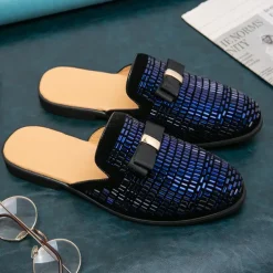 Men's Brown Suede Slip-On Mules with Metallic Gold Studded Design and Bow Accent – Stylish Casual Loafers for Everyday Wear and Special Occasions