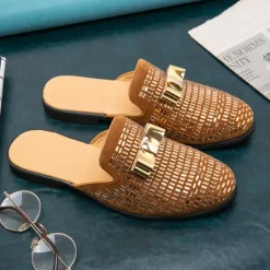 Men's Brown Suede Slip-On Mules with Metallic Gold Studded Design and Bow Accent – Stylish Casual Loafers for Everyday Wear and Special Occasions