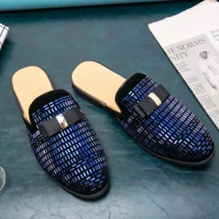 Men's Brown Suede Slip-On Mules with Metallic Gold Studded Design and Bow Accent – Stylish Casual Loafers for Everyday Wear and Special Occasions