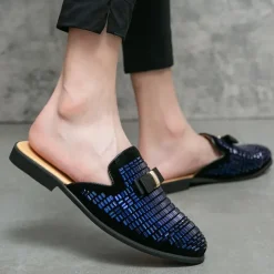 Men's Brown Suede Slip-On Mules with Metallic Gold Studded Design and Bow Accent – Stylish Casual Loafers for Everyday Wear and Special Occasions