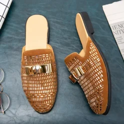 Men's Brown Suede Slip-On Mules with Metallic Gold Studded Design and Bow Accent – Stylish Casual Loafers for Everyday Wear and Special Occasions
