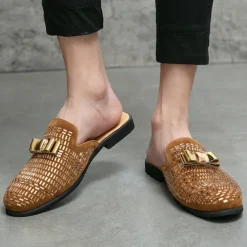 Men's Brown Suede Slip-On Mules with Metallic Gold Studded Design and Bow Accent – Stylish Casual Loafers for Everyday Wear and Special Occasions