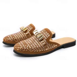 Men's Brown Suede Slip-On Mules with Metallic Gold Studded Design and Bow Accent – Stylish Casual Loafers for Everyday Wear and Special Occasions