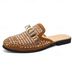 Men's Brown Suede Slip-On Mules with Metallic Gold Studded Design and Bow Accent – Stylish Casual Loafers for Everyday Wear and Special Occasions
