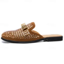 Men's Brown Suede Slip-On Mules with Metallic Gold Studded Design and Bow Accent – Stylish Casual Loafers for Everyday Wear and Special Occasions