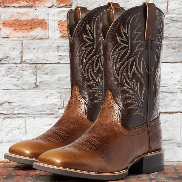 Men's Brown Western Cowboy Boots with Embroidered Shaft, Durable Faux Leather for Ranch and Casual Wear