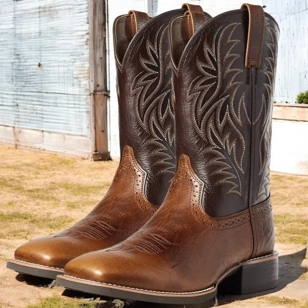 Men's Brown Western Cowboy Boots with Embroidered Shaft, Durable Faux Leather for Ranch and Casual Wear
