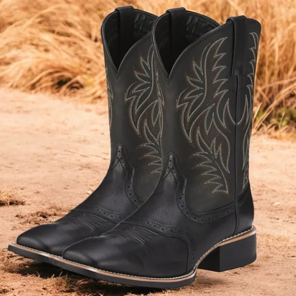 Men's Brown Western Cowboy Boots with Embroidered Shaft, Durable Faux Leather for Ranch and Casual Wear