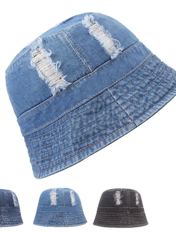 Men's Bucket Hat Sun Hat Black Deep Blue Denim Ripped Streetwear Stylish Casual Outdoor Daily Outdoor clothing Plain Sunscreen Lightweight Quick Dry