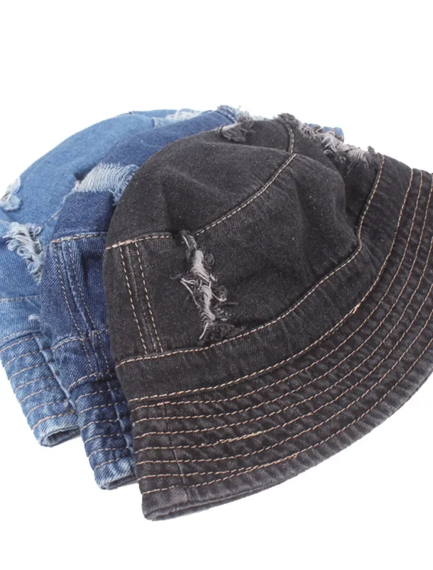 Men's Bucket Hat Sun Hat Black Deep Blue Denim Ripped Streetwear Stylish Casual Outdoor Daily Outdoor clothing Plain Sunscreen Lightweight Quick Dry