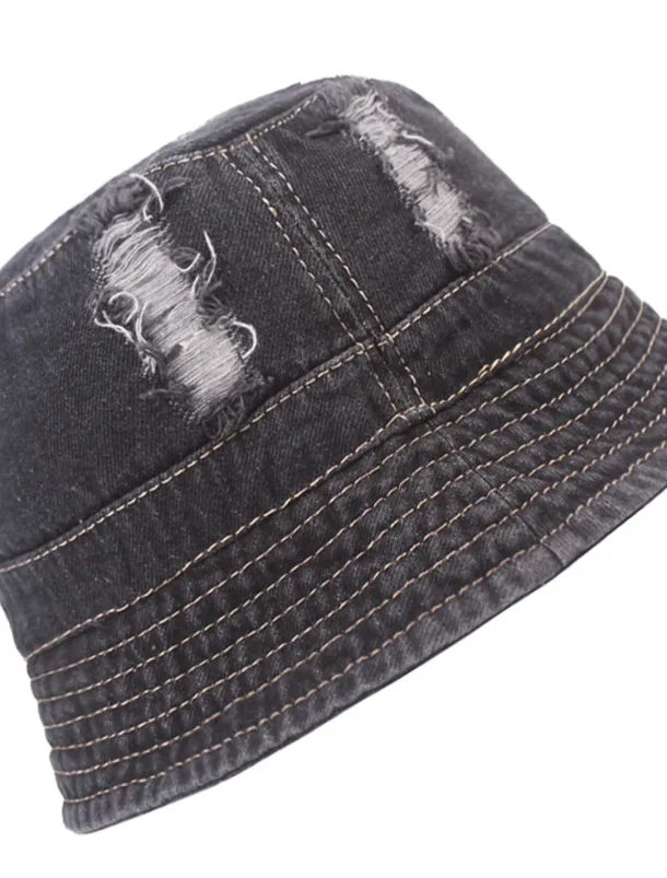 Men's Bucket Hat Sun Hat Black Deep Blue Denim Ripped Streetwear Stylish Casual Outdoor Daily Outdoor clothing Plain Sunscreen Lightweight Quick Dry
