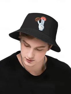 Men's Bucket Hat with Donut Peace Sign Graphic - Trendy Casual Sun Hat for Summer Outfits and Streetwear