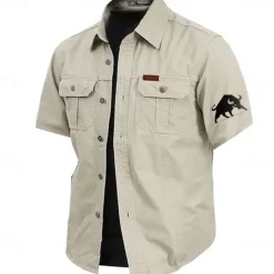 Men's Bull Work Shirt Western Shirt Cargo Shirt Short Sleeve Casual Tactical Sports Outdoor WorkWear Summer Spring Turndown Front Two Pockets Cotton Button Up Shirts Army Green Khaki Dark Blue Beige