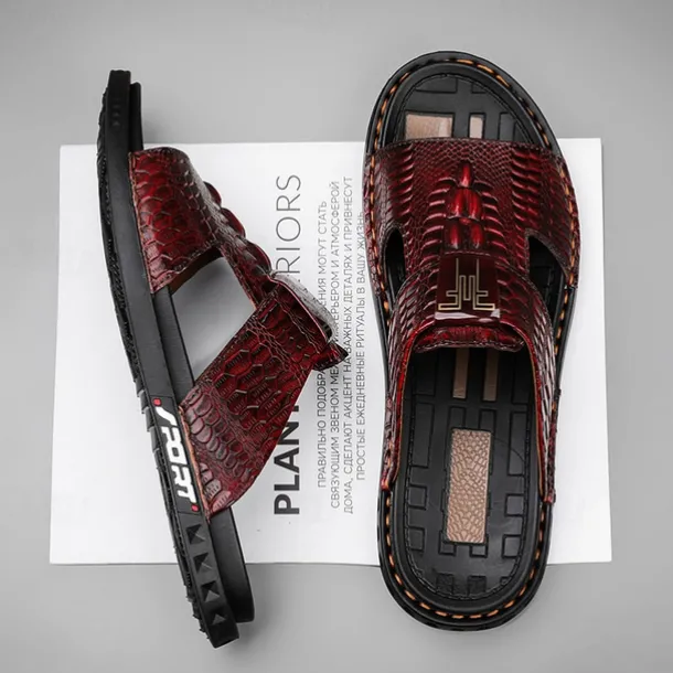Men's Burgundy Crocodile-Pattern Slide Sandals – Luxury Leather Open-Toe Slippers with Non-Slip Sole for Casual and Summer Wear