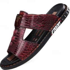 Men's Burgundy Crocodile-Pattern Slide Sandals – Luxury Leather Open-Toe Slippers with Non-Slip Sole for Casual and Summer Wear