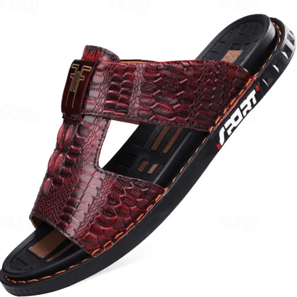 Men's Burgundy Crocodile-Pattern Slide Sandals – Luxury Leather Open-Toe Slippers with Non-Slip Sole for Casual and Summer Wear