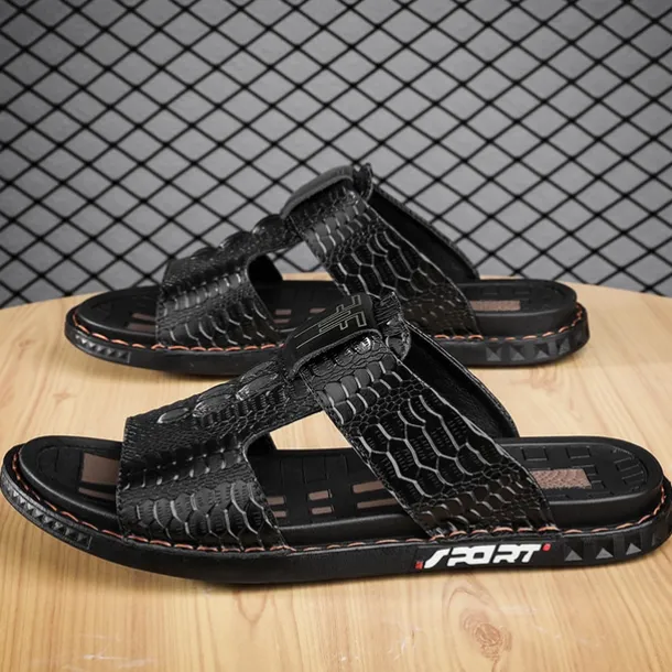 Men's Burgundy Crocodile-Pattern Slide Sandals – Luxury Leather Open-Toe Slippers with Non-Slip Sole for Casual and Summer Wear