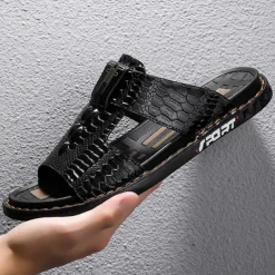 Men's Burgundy Crocodile-Pattern Slide Sandals – Luxury Leather Open-Toe Slippers with Non-Slip Sole for Casual and Summer Wear