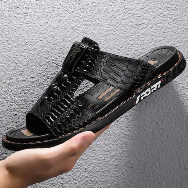 Men's Burgundy Crocodile-Pattern Slide Sandals – Luxury Leather Open-Toe Slippers with Non-Slip Sole for Casual and Summer Wear