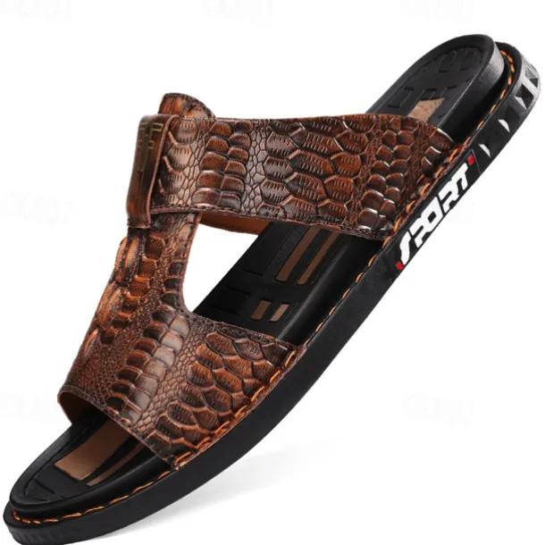 Men's Burgundy Crocodile-Pattern Slide Sandals – Luxury Leather Open-Toe Slippers with Non-Slip Sole for Casual and Summer Wear