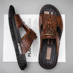 Men's Burgundy Crocodile-Pattern Slide Sandals – Luxury Leather Open-Toe Slippers with Non-Slip Sole for Casual and Summer Wear