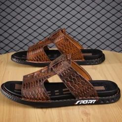 Men's Burgundy Crocodile-Pattern Slide Sandals – Luxury Leather Open-Toe Slippers with Non-Slip Sole for Casual and Summer Wear