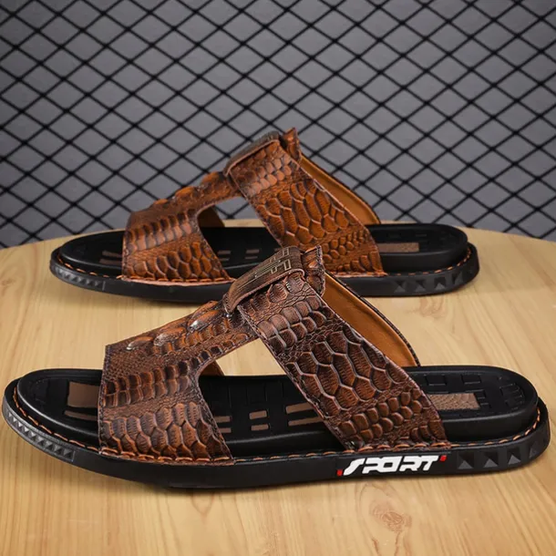 Men's Burgundy Crocodile-Pattern Slide Sandals – Luxury Leather Open-Toe Slippers with Non-Slip Sole for Casual and Summer Wear