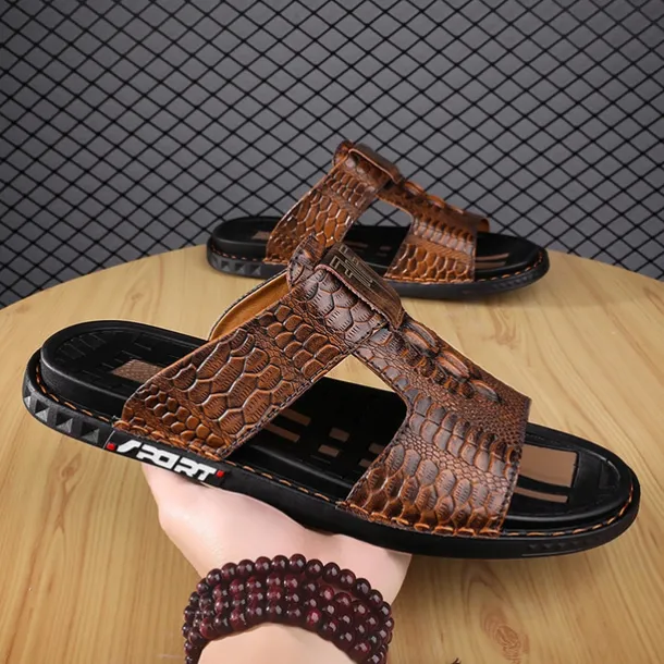 Men's Burgundy Crocodile-Pattern Slide Sandals – Luxury Leather Open-Toe Slippers with Non-Slip Sole for Casual and Summer Wear
