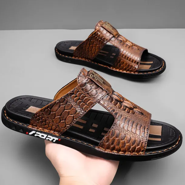 Men's Burgundy Crocodile-Pattern Slide Sandals – Luxury Leather Open-Toe Slippers with Non-Slip Sole for Casual and Summer Wear