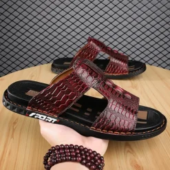 Men's Burgundy Crocodile-Pattern Slide Sandals – Luxury Leather Open-Toe Slippers with Non-Slip Sole for Casual and Summer Wear