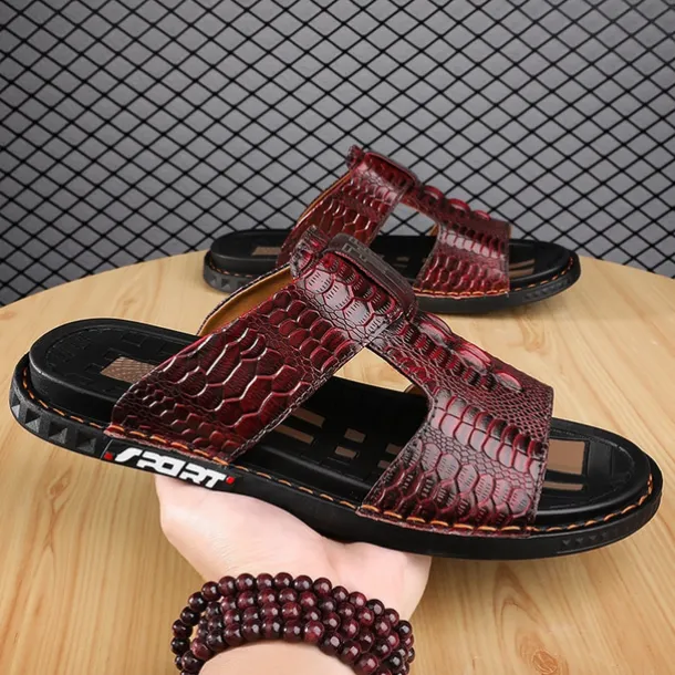 Men's Burgundy Crocodile-Pattern Slide Sandals – Luxury Leather Open-Toe Slippers with Non-Slip Sole for Casual and Summer Wear