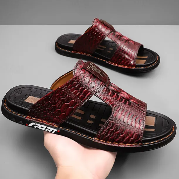 Men's Burgundy Crocodile-Pattern Slide Sandals – Luxury Leather Open-Toe Slippers with Non-Slip Sole for Casual and Summer Wear