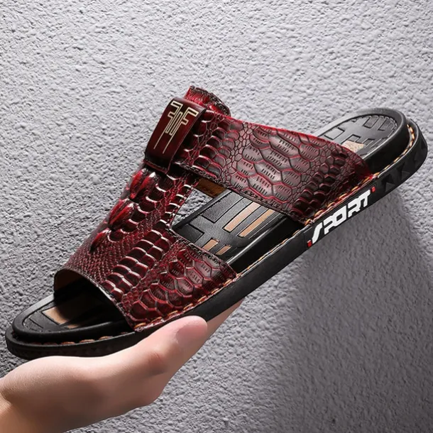 Men's Burgundy Crocodile-Pattern Slide Sandals – Luxury Leather Open-Toe Slippers with Non-Slip Sole for Casual and Summer Wear