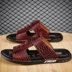 Men's Burgundy Crocodile-Pattern Slide Sandals – Luxury Leather Open-Toe Slippers with Non-Slip Sole for Casual and Summer Wear