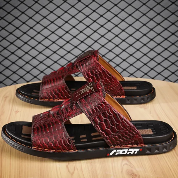Men's Burgundy Crocodile-Pattern Slide Sandals – Luxury Leather Open-Toe Slippers with Non-Slip Sole for Casual and Summer Wear