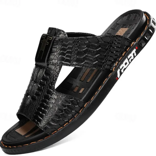 Men's Burgundy Crocodile-Pattern Slide Sandals – Luxury Leather Open-Toe Slippers with Non-Slip Sole for Casual and Summer Wear