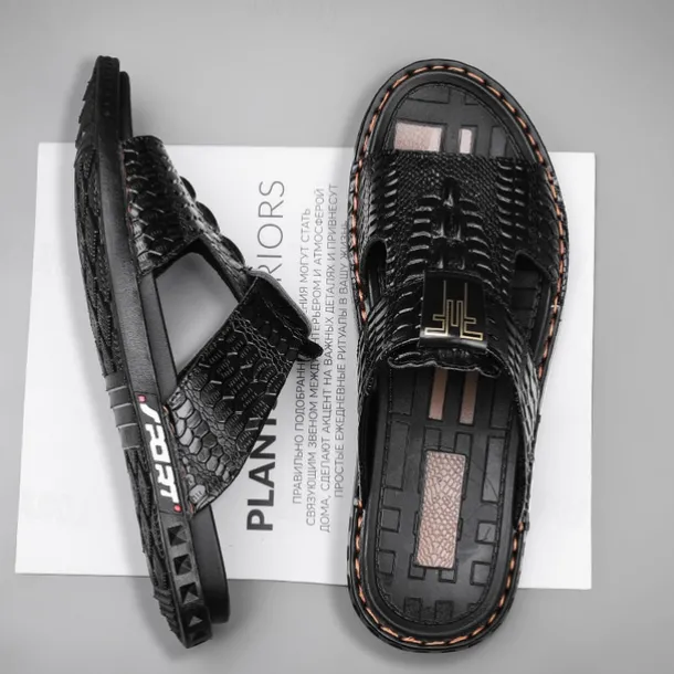 Men's Burgundy Crocodile-Pattern Slide Sandals – Luxury Leather Open-Toe Slippers with Non-Slip Sole for Casual and Summer Wear