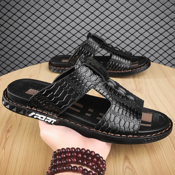 Men's Burgundy Crocodile-Pattern Slide Sandals – Luxury Leather Open-Toe Slippers with Non-Slip Sole for Casual and Summer Wear