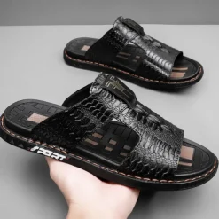 Men's Burgundy Crocodile-Pattern Slide Sandals – Luxury Leather Open-Toe Slippers with Non-Slip Sole for Casual and Summer Wear