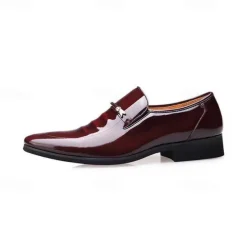 Men's Burgundy Patent Faux Leather Loafers – Elegant Slip-On Dress Shoes with Metal Accent for Formal Events and Office Wear