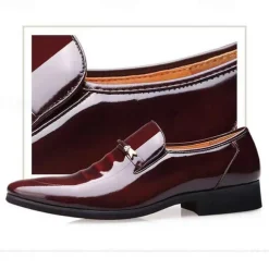 Men's Burgundy Patent Faux Leather Loafers – Elegant Slip-On Dress Shoes with Metal Accent for Formal Events and Office Wear